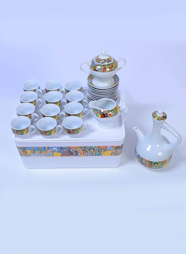 [cup-sba] 29 - Piece Ethiopian/Eritrean Coffee Set with Box Saba Edition. The full set  Comes with 12 cups, 12 saucers, a sugar + milk pot ( የቡና ሲኒ እና ረከቦት )